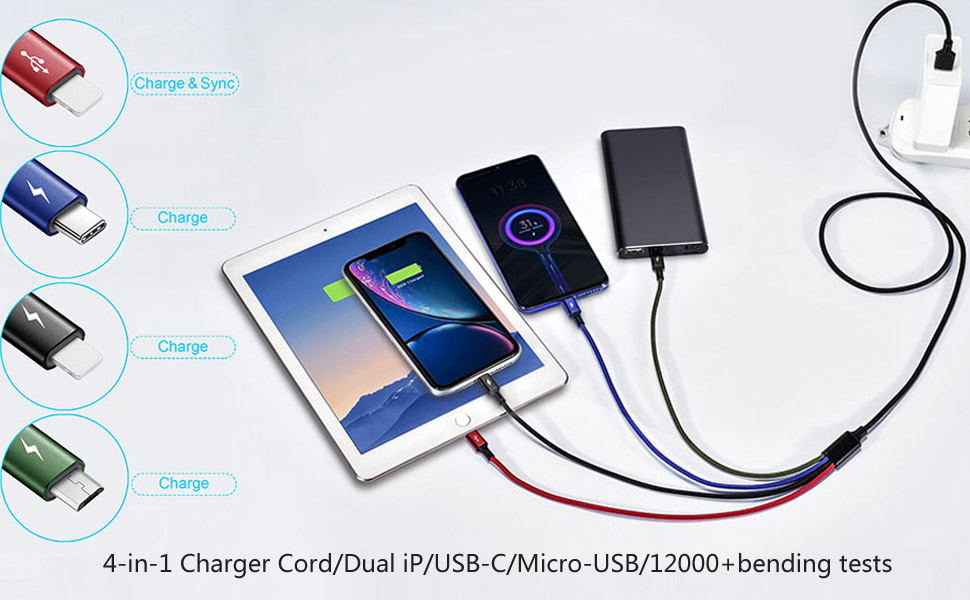 4ft/1.2 multi usb charger cord multiple phone charging cable charger cable usb c charge cord