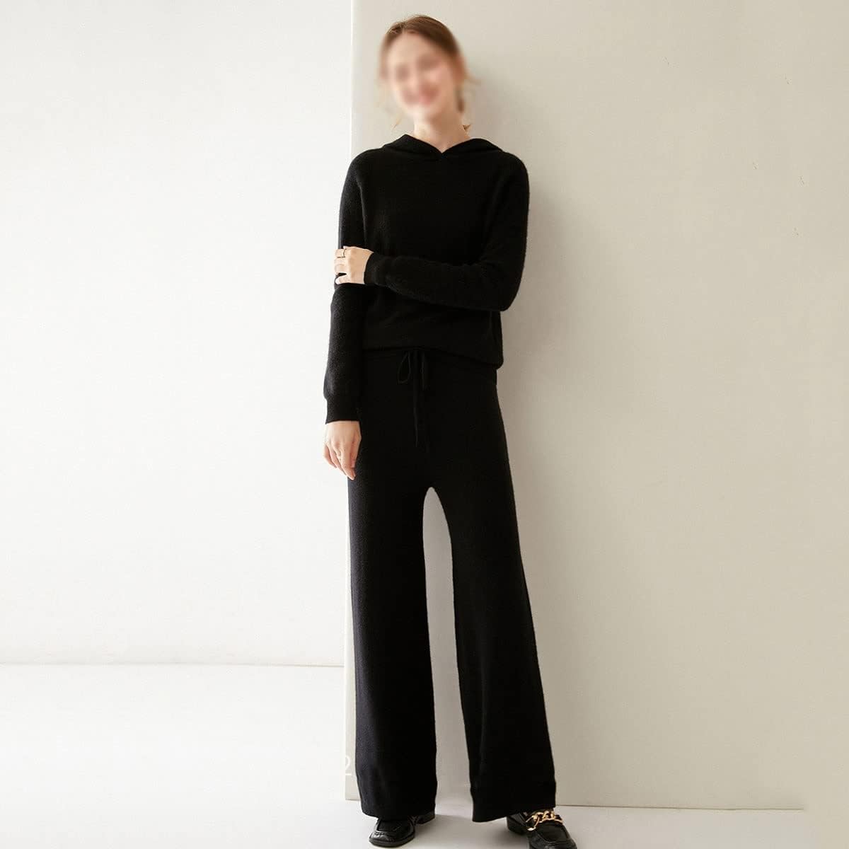 Walnut Two Pieces Cashmere Wool Suits Female Hooded Knit Sweater Set Warm Cashmere Knit Tops and Wide Leg Pant Sets (Color : D, Size : L Code)