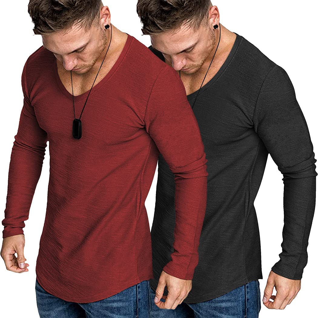 COOFANDY Men 2 Pack Muscle V Neck T Shirt Gym Athletic Fit Long Sleeves Tee Top