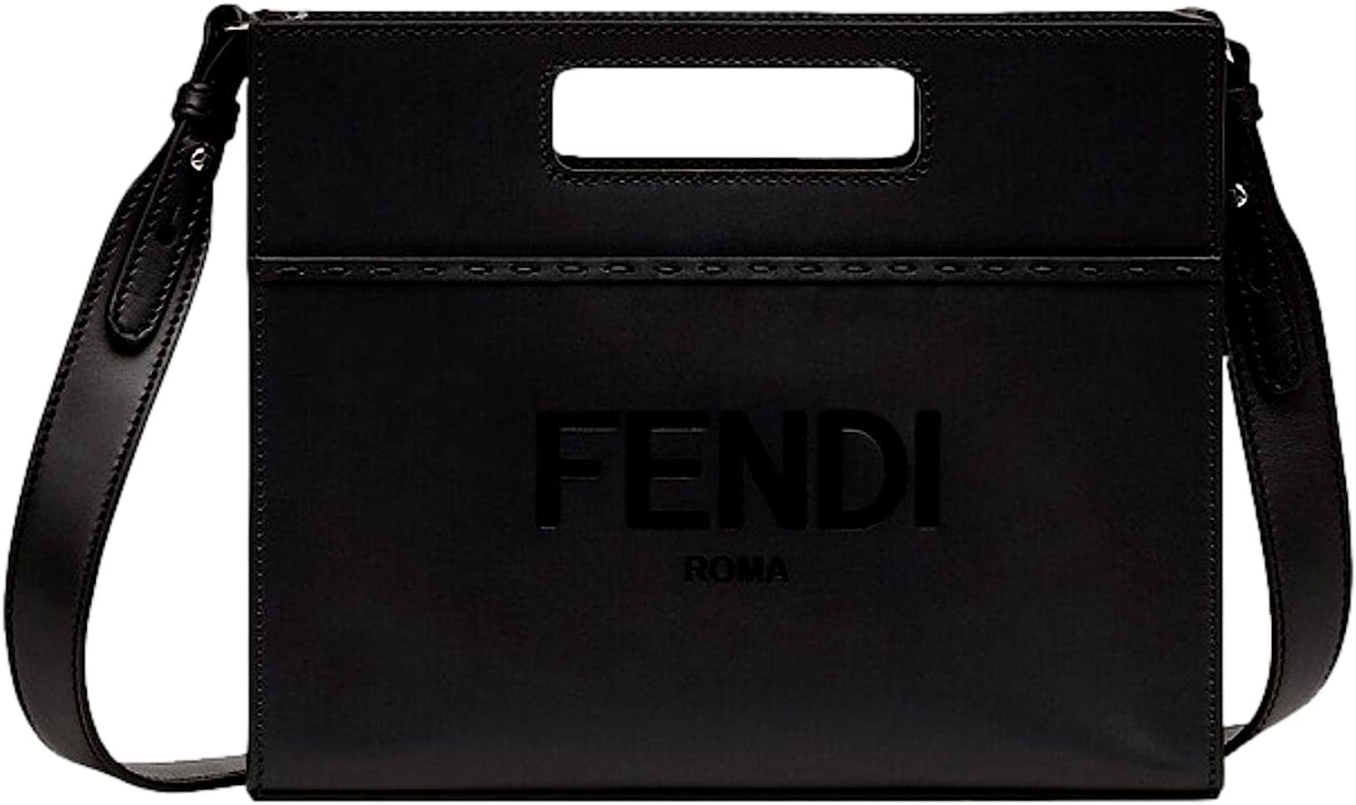 FENDI Logo 2-Way Smooth Black Leather Small Tote Bag 7VA547