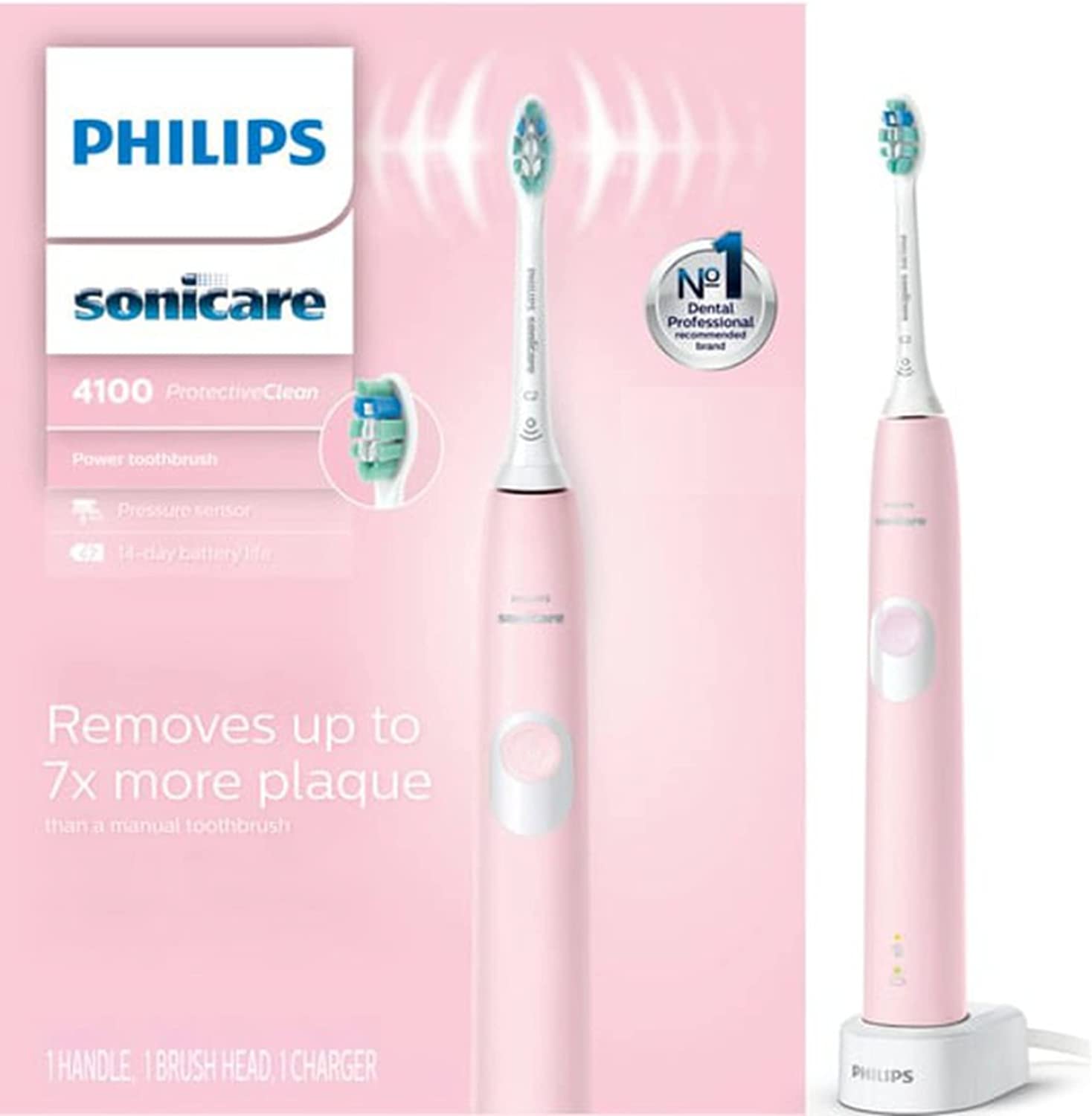 Philips Sonicare ProtectiveClean 4100 Electric Rechargeable Toothbrush, Plaque Control, Pastel Pink
