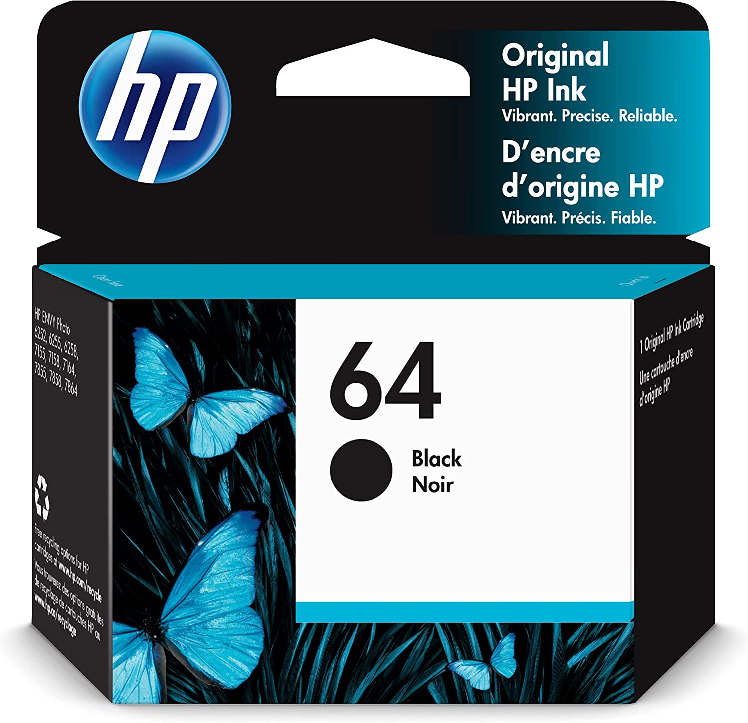 HP 64 Black Ink Cartridge | Works with HP ENVY Inspire 7950e; ENVY Photo 6200, 7100, 7800; Tango Series | Eligible for Instant Ink | N9J90AN