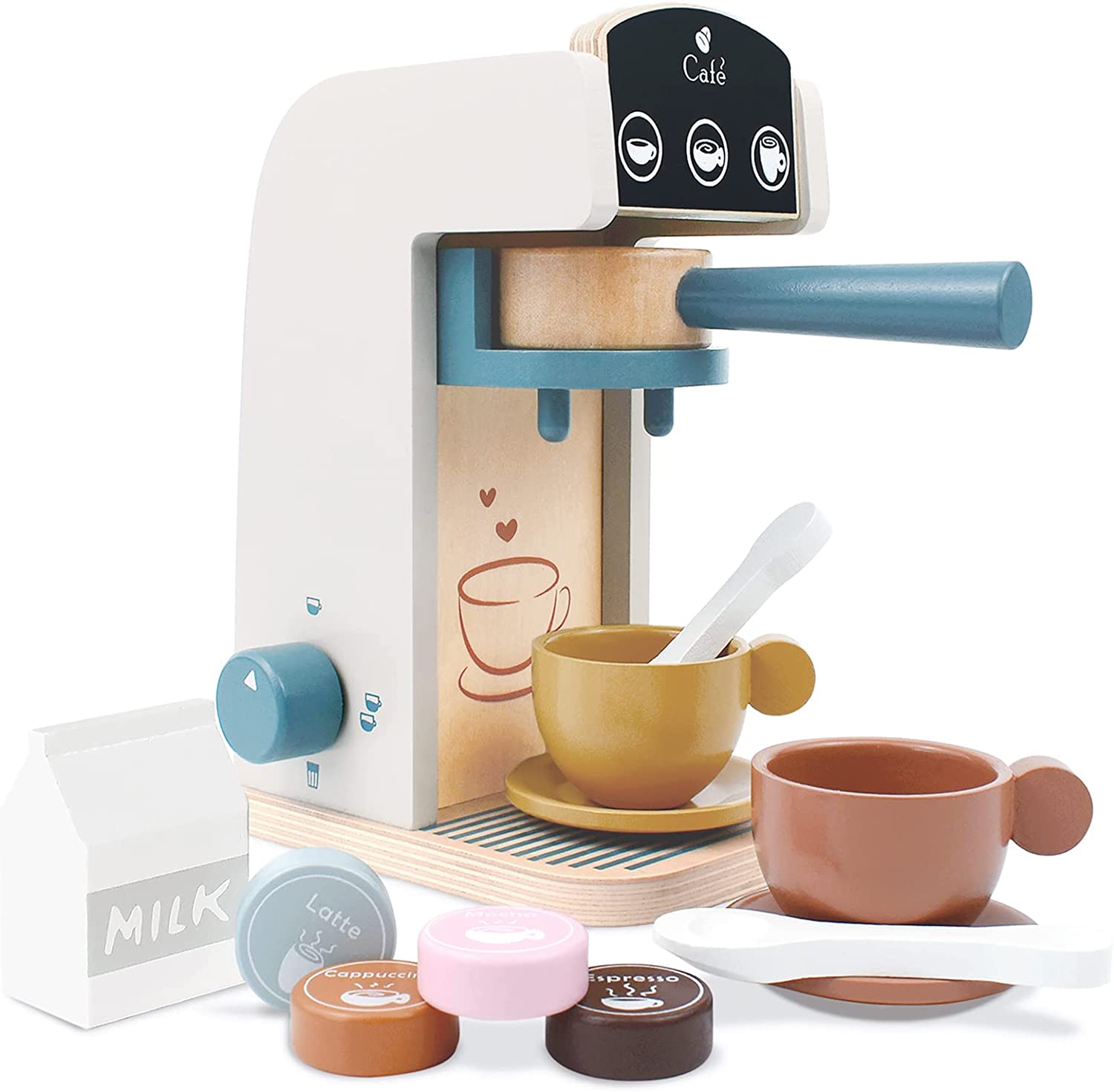 PairPear Kids Wooden Toys Coffee Maker Toy Espresso Machine Playset - Toddler Play Kitchen Accessories Gift for Girls and Boys