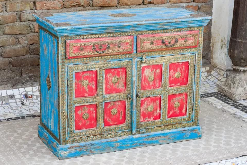 Antique Indian Brass Work Hand Carved Solid Wooden Sideboard Bluewash Mango Wood Indian Arched Sideboard Cabinet Storage Units Indian Solid Wood Finish,Living Room Bedroom Furniture,Modern Sideboard