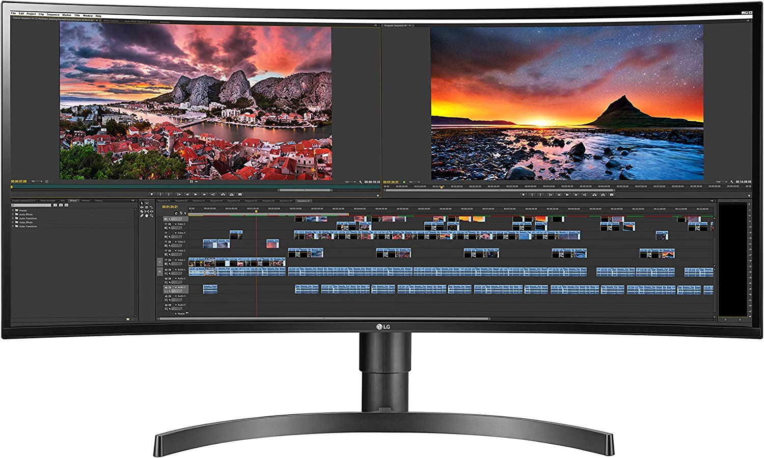 LG 34WN80C-B UltraWide Monitor 34” 21:9 Curved WQHD (3440 x 1440) IPS Display, USB Type-C (60W PD) , sRGB 99% Color Gamut, 3-Side Virtually Borderless Design, Tilt/Height Adjustable Stand - Black