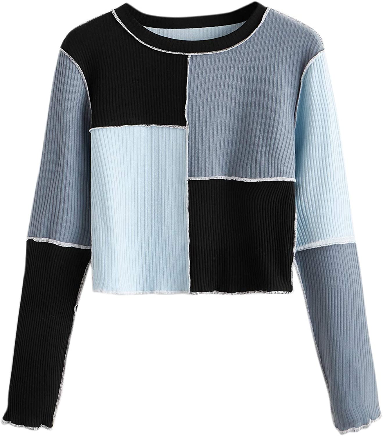 SheIn Women's Patchwork Color Block Crop Top Tees Long Sleeve Round Neck Ribbed Knit T Shirt