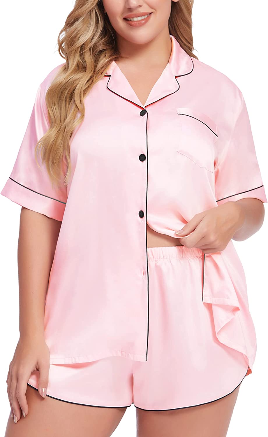SWOMOG Women's Plus Size Satin Pajama Set Short Sleeve 2 piece Pj Sets Sleepwear Silk Button Down Loungewear Pjs Shorts Set