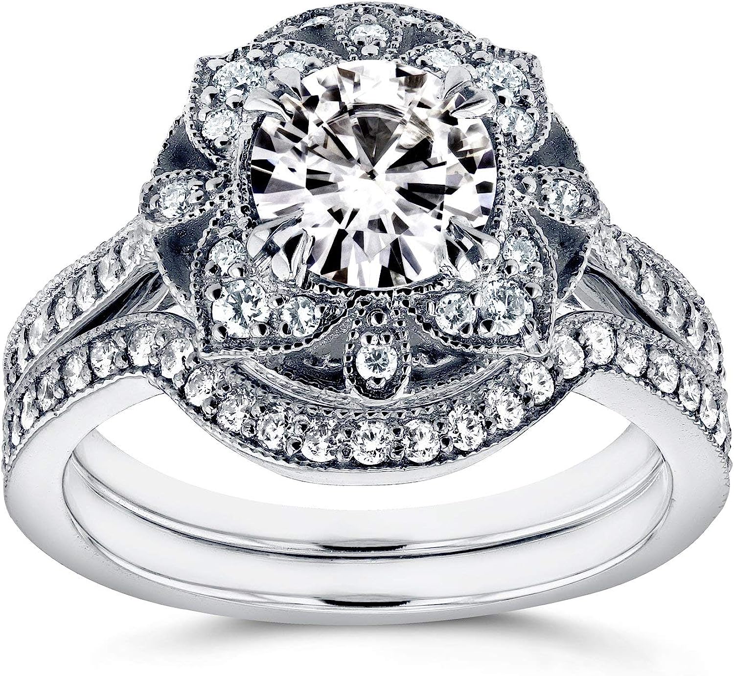 Kobelli Antique Style Floral Diamond Bridal Set 1 1/2 CTW in 14k White Gold