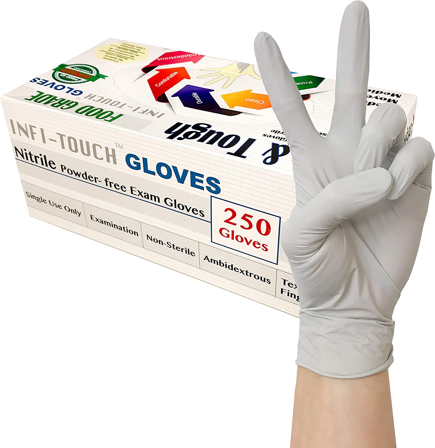 Infi-Touch Disposable Gloves - Food Safe, Lite Duty Nitrile Gloves, Lite & Tough, (250 Count)