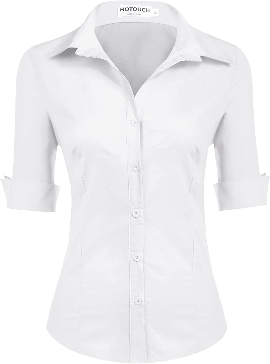 Hotouch Womens 3/4 Sleeve Basic Button Down Shirt Slim Fit Cotton Dress Shirts