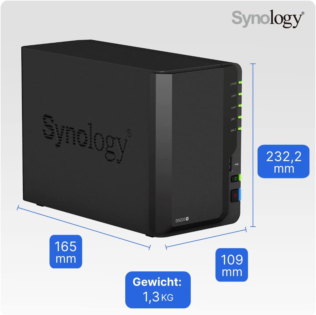 Synology DS220+ 2-Bay Diskstation NAS Intel Celeron J4025 2GB Ram 2xRJ-45 1GbE LAN-Port 20TB Bundle with 2X 10TB Seagate IronWolf