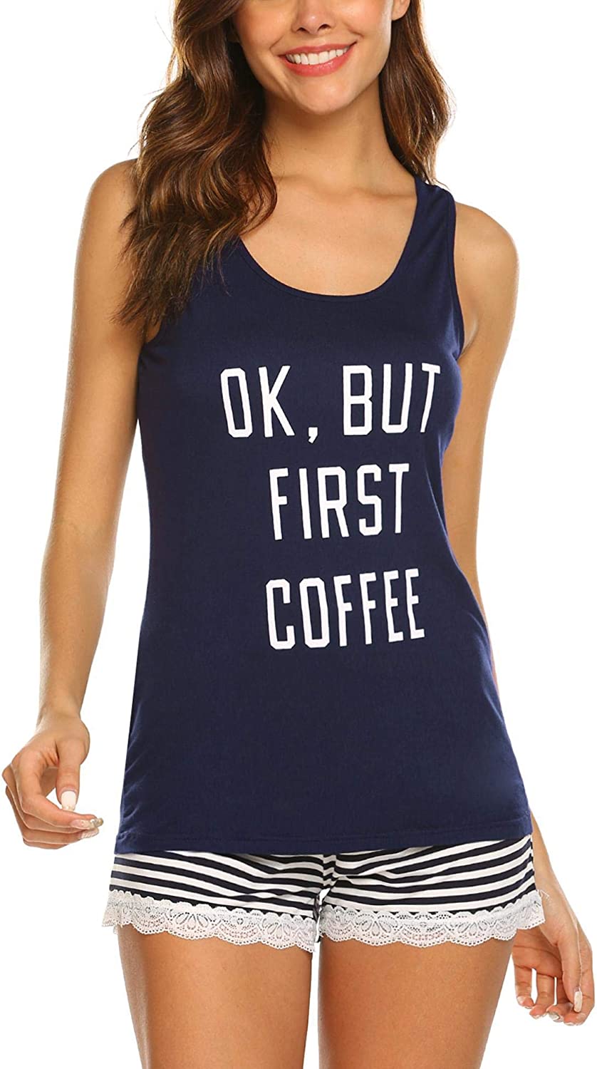 Ekouaer Womens Pajama Sets Sleeveless Tank Top and Shorts Pj Set Lace Hem Sleepwear S-XXXL