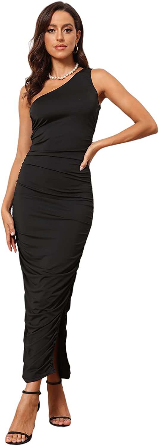 GEMEIQ Women’s Ruched One Shoulder Bodycon Midi Dress Sexy Sleeveless Cocktail Party Pencil Dresses