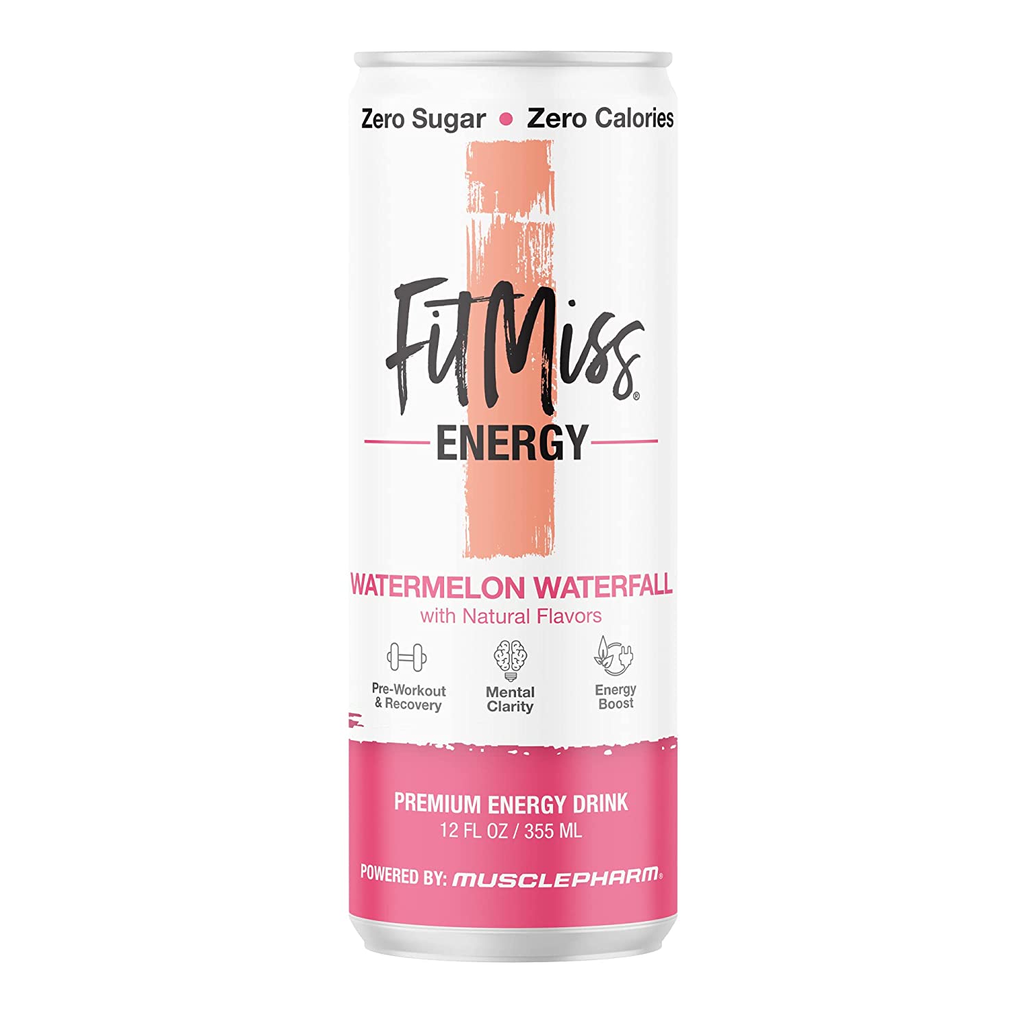 usclePharm FitMiss Energy Drink 12oz (Pack of 12) - Watermelon Waterfall - Sugar Free Calories Free - Perfectly Carbonated with No Artificial Colors or Dyes