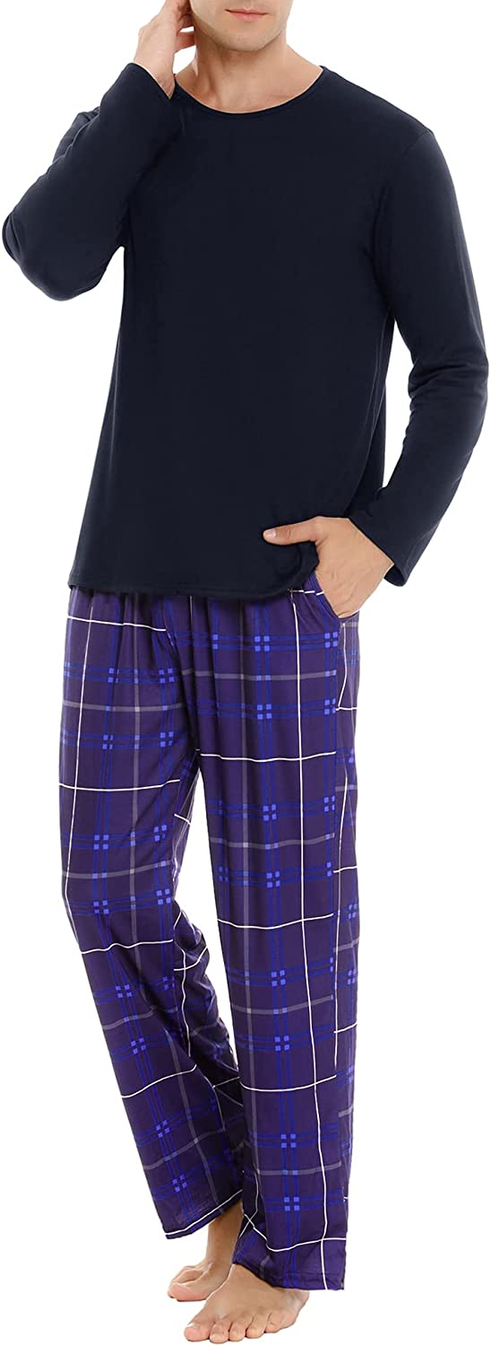 Maintain Vigour Men's pajamas set long sleeve Sleepwear Soft 2 Piece PJs Ses cat PJs with Plaid Pants.