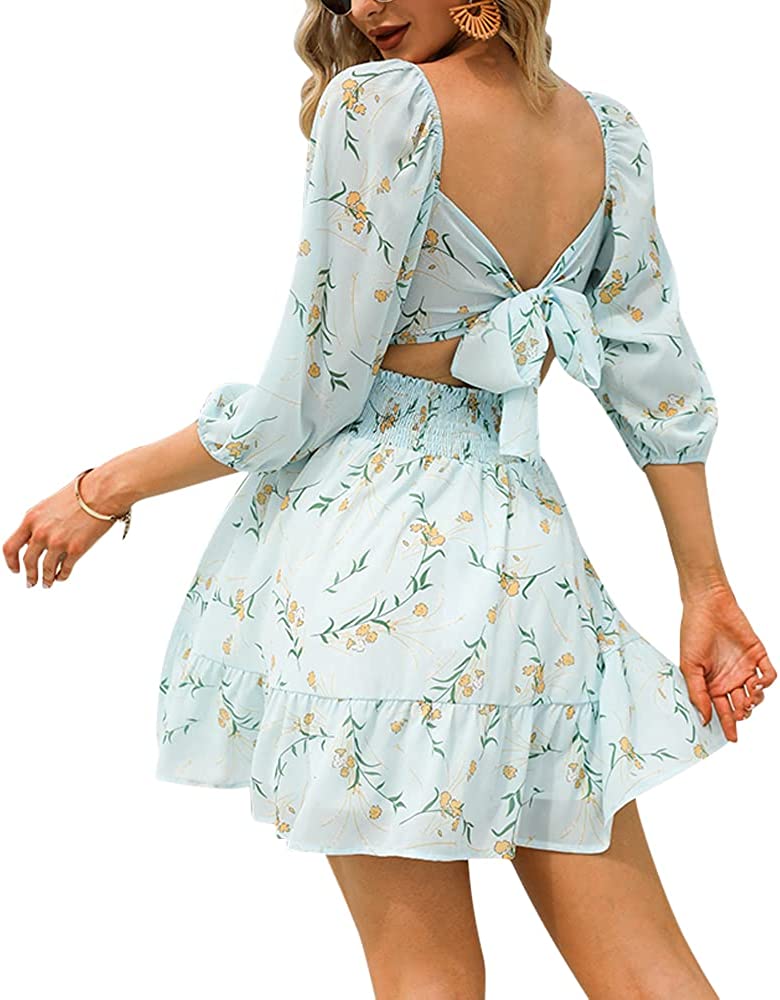 EXLURA Women's Lantern Sleeve Tie Back Casual Dresses Ruffled Off Shoulder A-Line Vintage Mini Dress