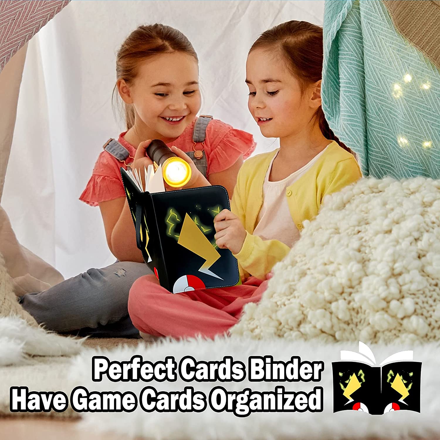 Black Card Binders for Pokemon Cards 4 Pocket - Hold 504 Game Cards with 63 Sleeves, Trading Card Collection Zipper Binder Holder for Kids Gifts