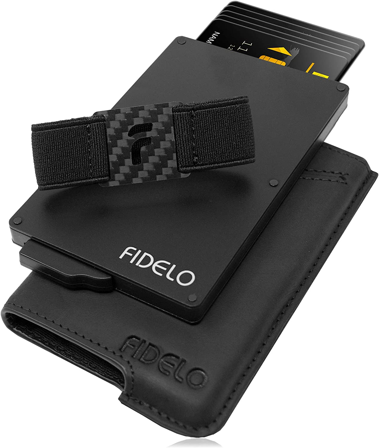 Fidelo Minimalist Wallet for Men - RFID Blocking Pop up Wallet Credit Card Holder, Slim Wallet for Men 6063 Aluminum Wallet with a Card Clip Holder with a Removable Leather Case - Black Crazy Horse