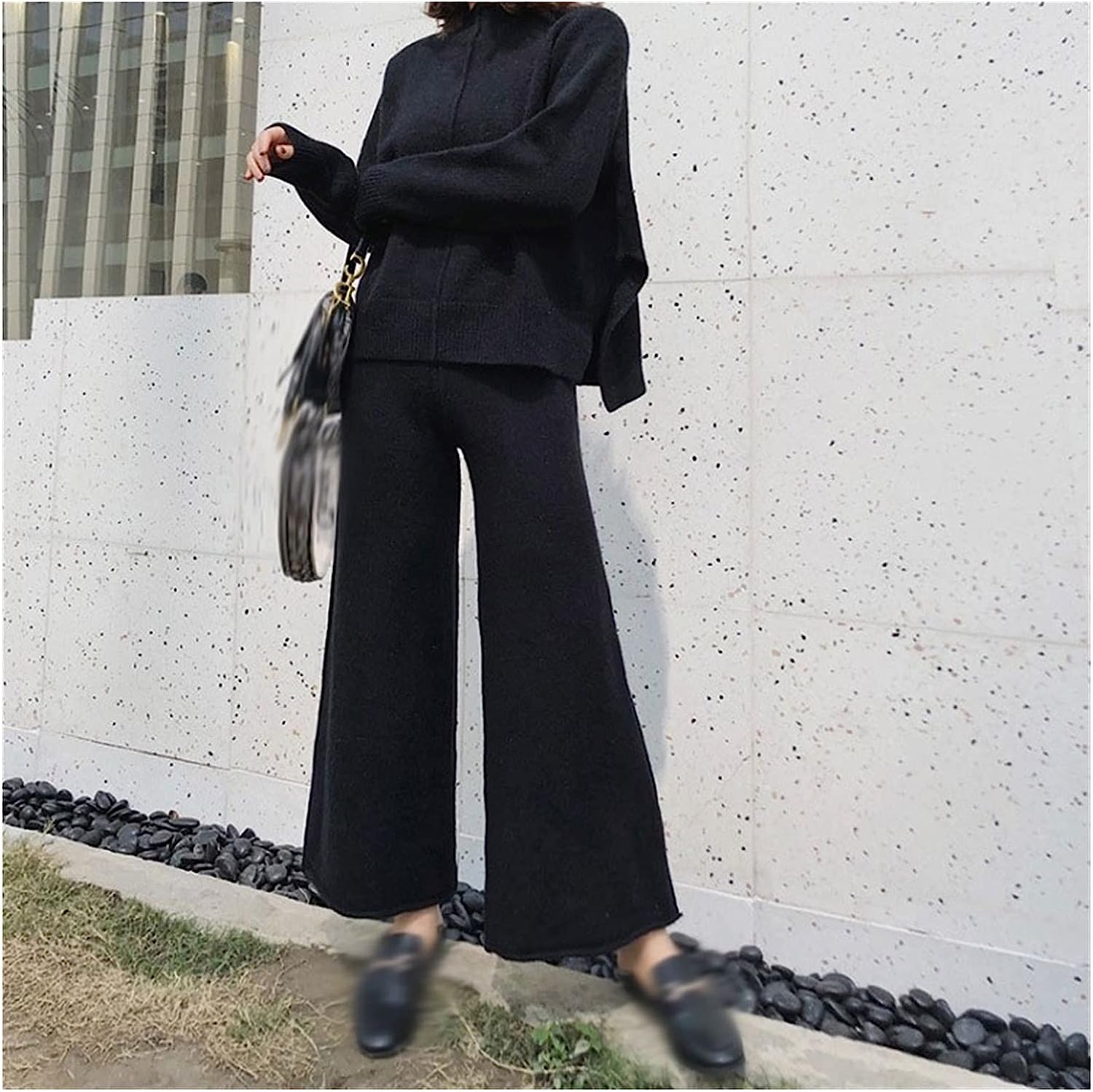 Walnut Age-reducing Thin Knitted Suit Women's Slit Sweater Wide-Leg Pants Autumn and Winter Two-Piece Set (Color : D, Size : S Code)