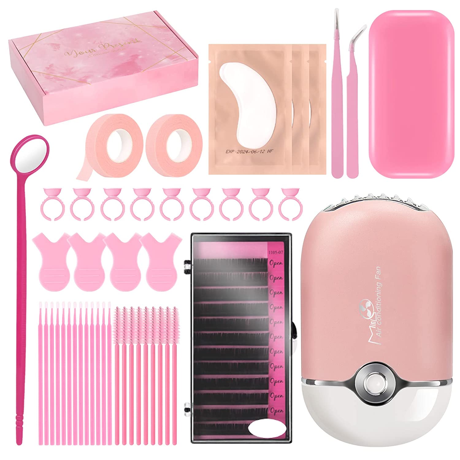 Buqikma 277 PCS Eyelash Extension Supplies Kit, Type C Eyelash Fan Air Conditioning Blower Lash Perm Lift Kit for Beginner and Professional Including Mini Lash Fan,Tweezers,Glue Ring,Eye Gel Pads