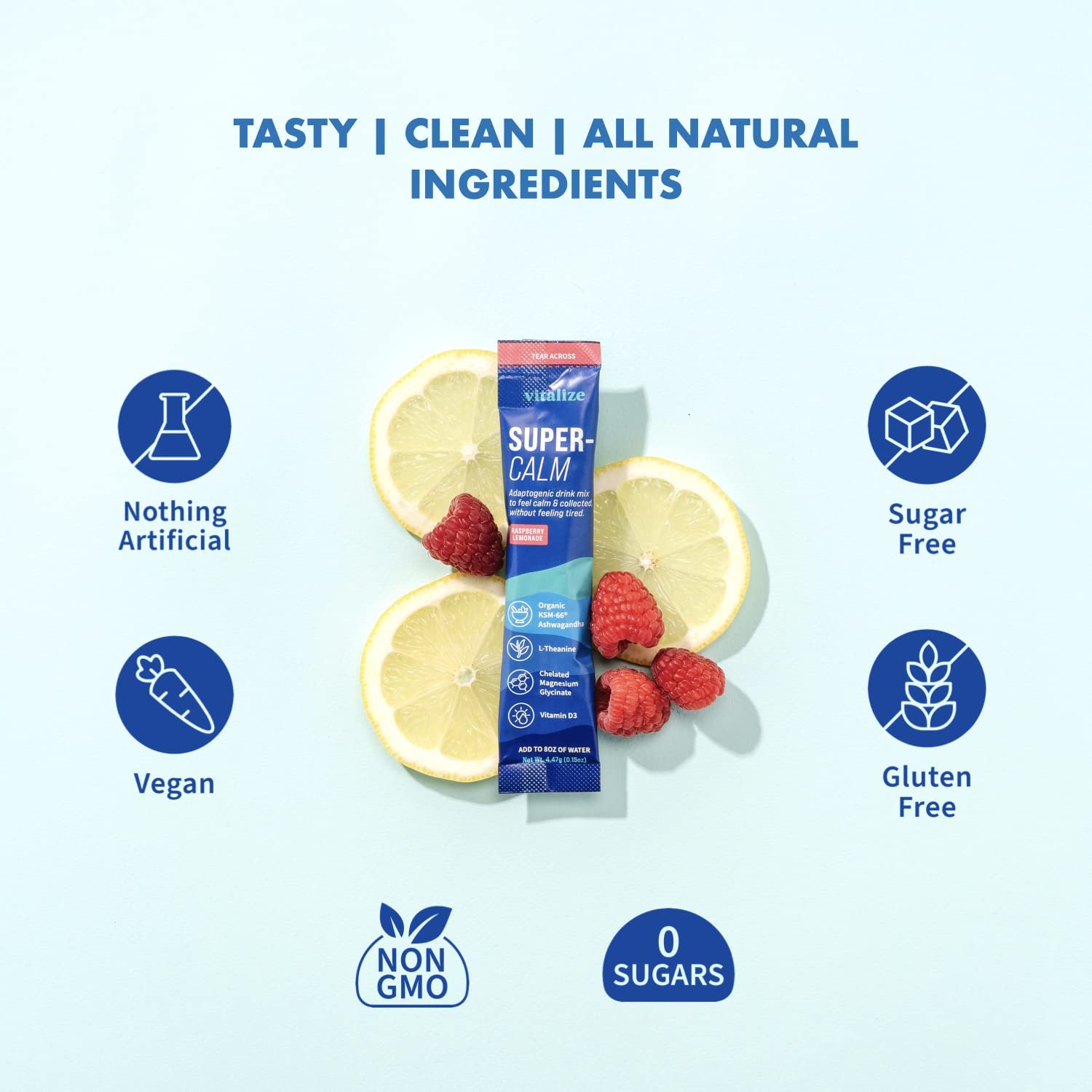 VITALIZE SuperCalm - Feel Calm, Cool, and Collected | Drink Mix | Contains KSM-66 Ashwagandha, L-Theanine, Magnesium Glycinate, and Vitamin D3 | Raspberry Lemonade, 0.15 Ounce (Pack of 20)