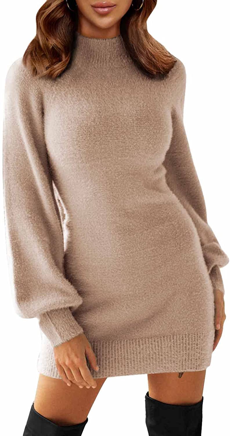 EXLURA Women's Mock Neck Ribbed Long Sleeve Bodycon Pullover Cute Mini Sweater Dress