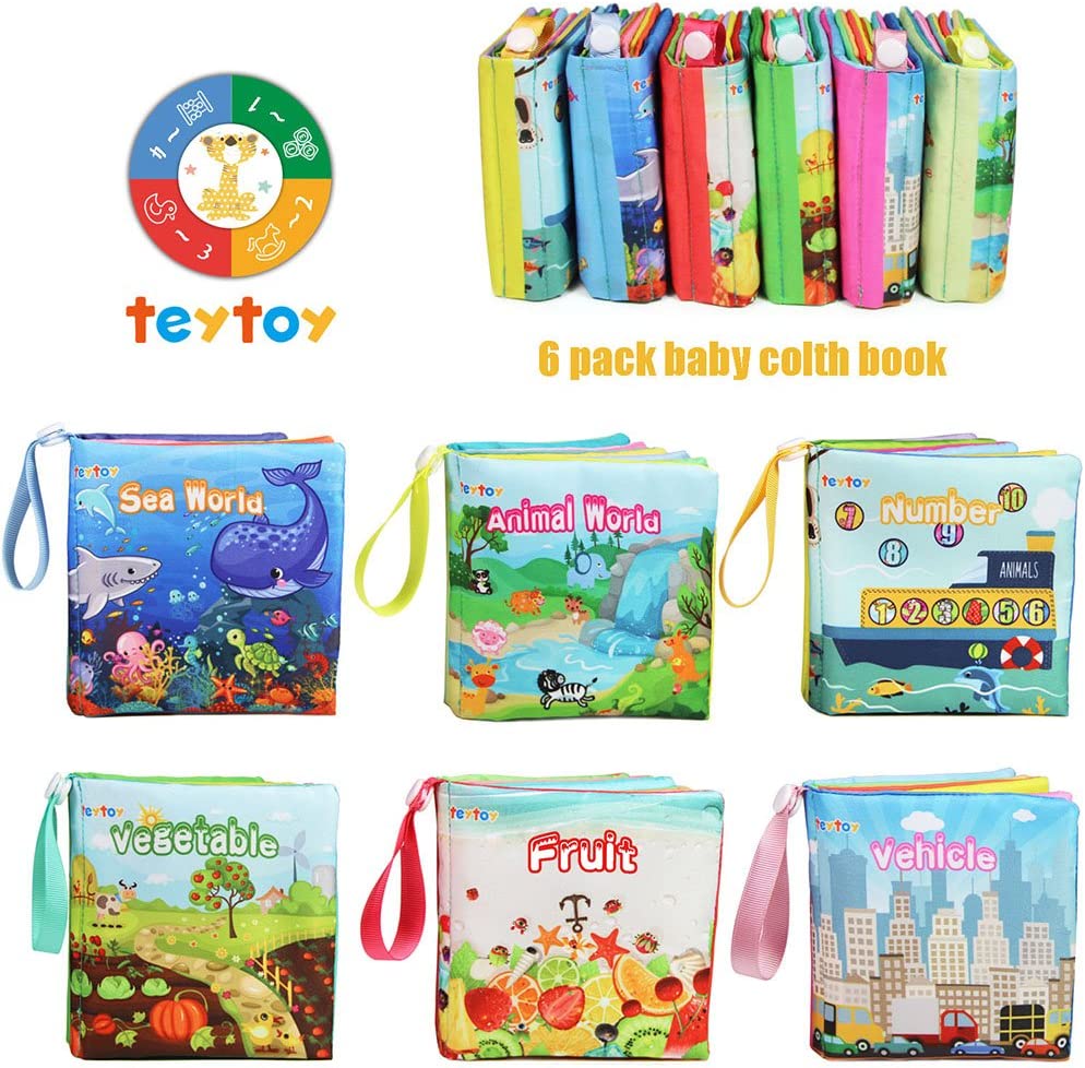 teytoy My First Soft Book, Nontoxic Fabric Baby Cloth Books Early Education Toys Activity Crinkle Cloth Book for Toddler, Infants and Kids Perfect for Baby Shower -Pack of 6