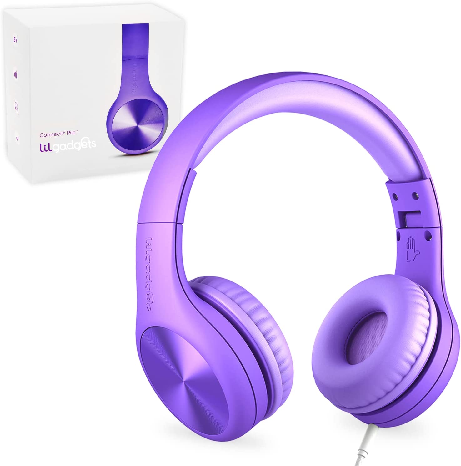 LilGadgets Connect+ Pro Wired Kids Headphones - Designed with Kids&#39; Comfort in Mind， Child-Friendly Foldable Over-Ear Headset with in-line Microphone， Perfect for Toddlers in School， Purple