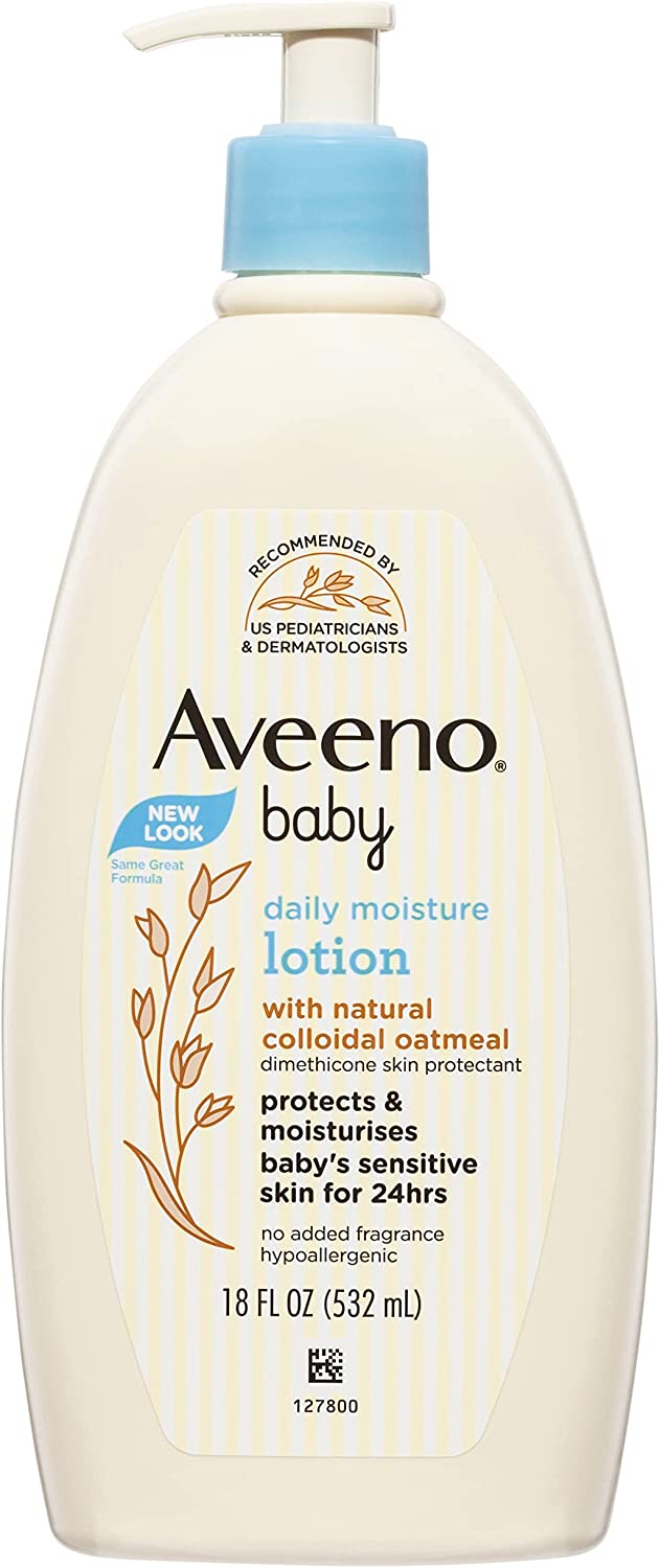 Aveeno Baby Daily Moisture Moisturizing Lotion for Delicate Skin with Natural Colloidal Oatmeal & Dimethicone, Hypoallergenic, Fragrance-, Phthalate- & Paraben-Free, 18 fl. oz (Package may vary)