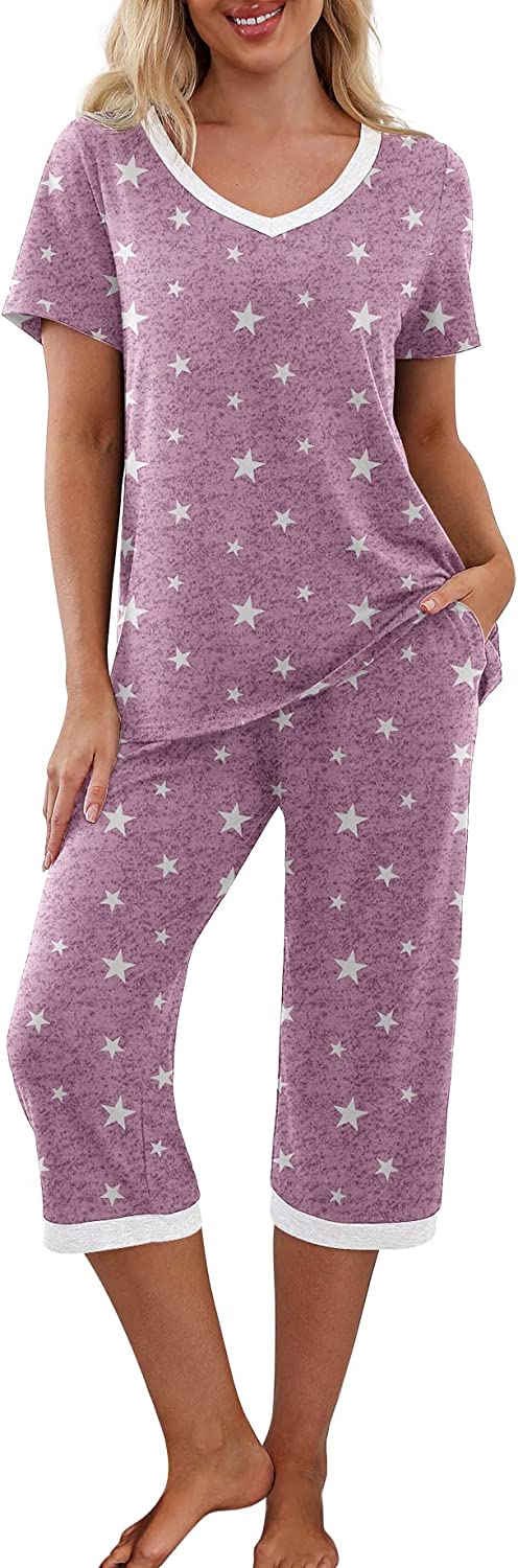 PrinStory Women's Pajama Set Short Sleeve Shirt and Capri Pants Sleepwear Pjs Sets with Pockets
