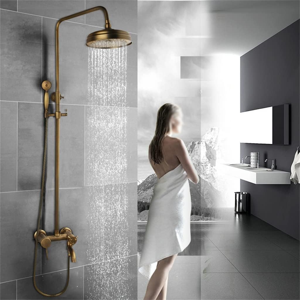 ZSQAW Brass Shower Faucets Set Wall Mount Antique Brass Shower Kit Dual Knobs Mixer Tap Handheld Spray