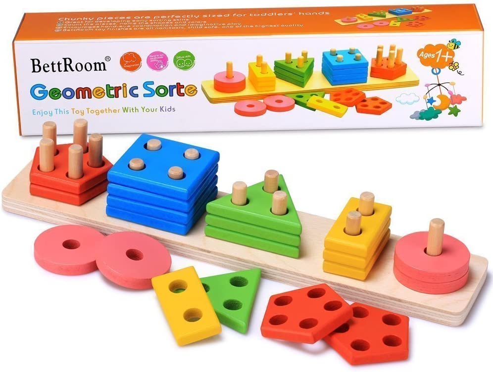 BettRoom Wooden Educational Preschool Toddler Toys for 3 4-5 Year Old Boys Girls Shape Color Recognition Geometric Board Blocks Stack Sort Kids Children Non-Toxic Toy(14IN)