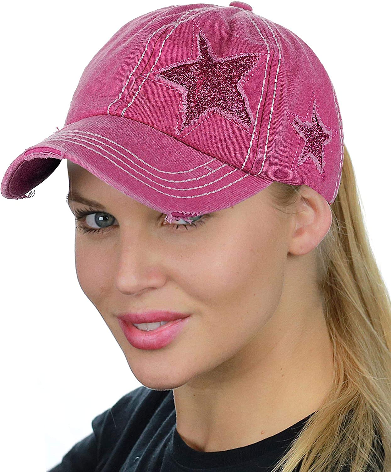 C.C Ponycap Messy High Bun Ponytail Adjustable Glitter Star Distressed Baseball Cap Hat