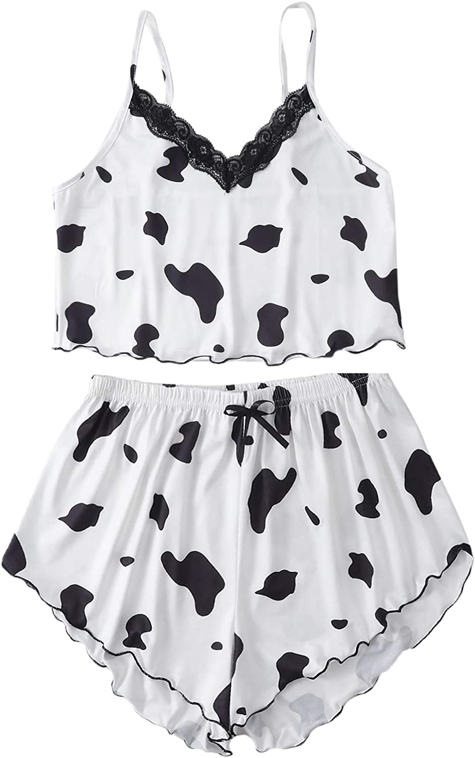 SheIn Women's Cow Print Sleepwear Lace Frill Trim Crop Cami Top and Shorts Pajama Set
